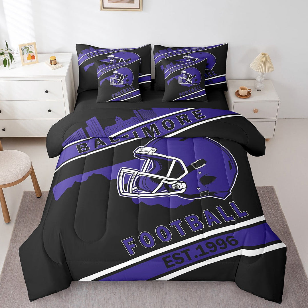 Erosebridal Sports Bed in a Bag Twin size Teens, American Football Bed Set, Black Purple, Baltimore, Microfiber 7pcs