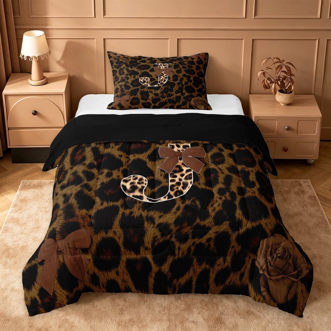 Erosebridal Wild Cheetah Print Twin Comforter Sets,Leopard Pattern J Alphabet Bedding Set For Kids Girls,Black Reversible,2-Piece