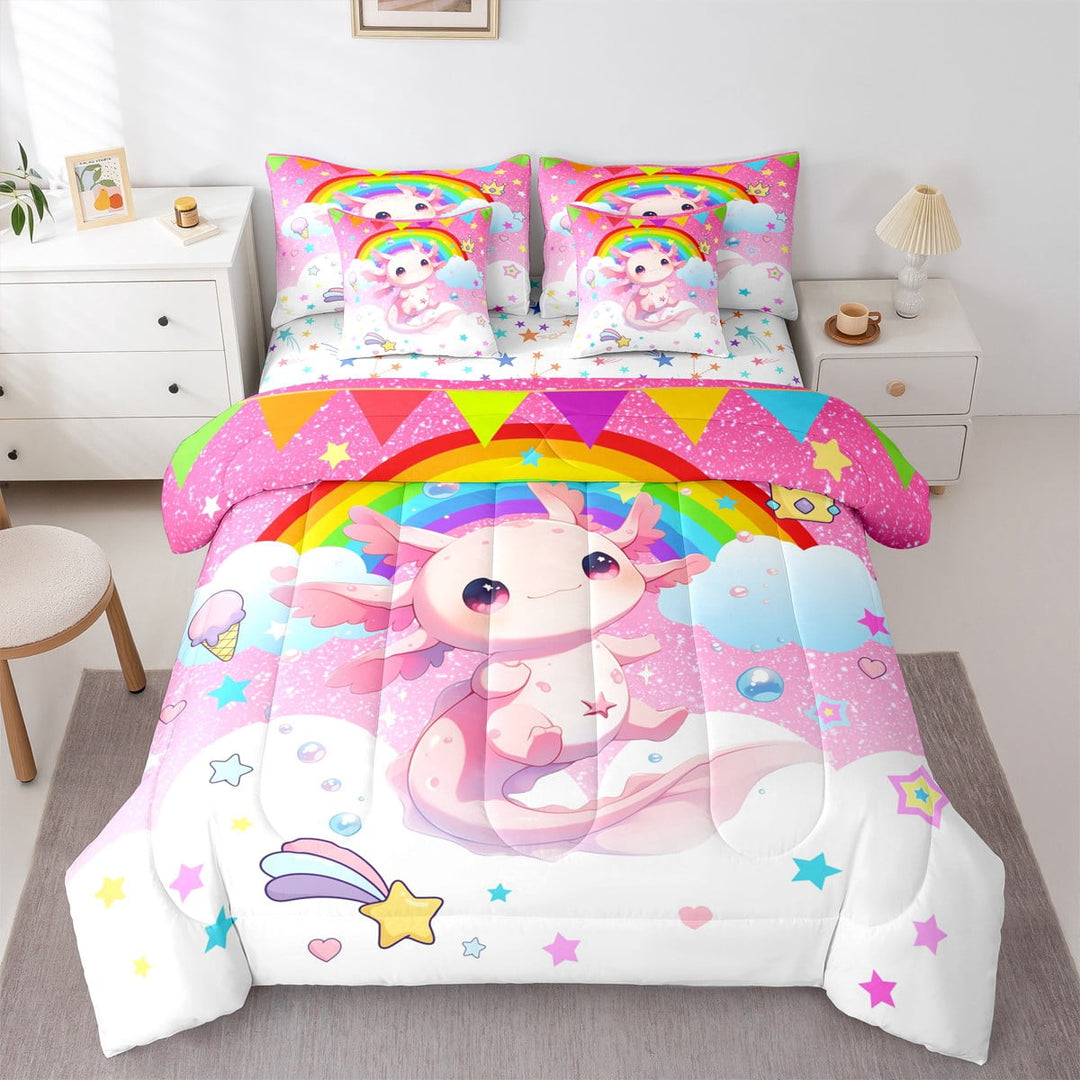 Erosebridal Cute Axolotl Bedding Sets Twin Size,Cartoon Rainbow Comforter Sets with Sheets,Galaxy Starry Clouds Bed in a Bag Twin Size For Girls,Ultra Soft Bedroom Decorative Reversible,7-Piece