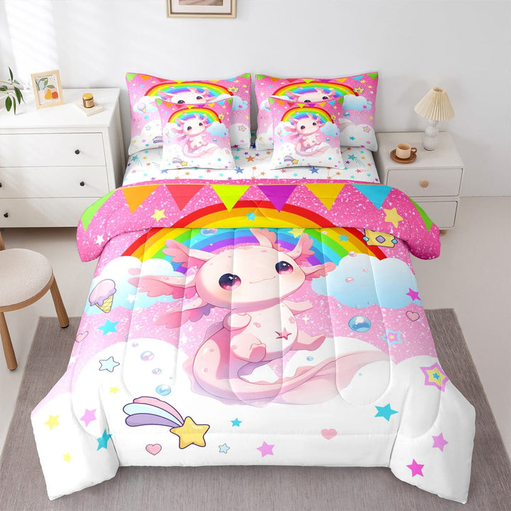 Erosebridal Cute Axolotl Bedding Sets Twin Size,Cartoon Rainbow Comforter Sets with Sheets,Galaxy Starry Clouds Bed in a Bag Twin Size For Girls,Ultra Soft Bedroom Decorative Reversible,7-Piece