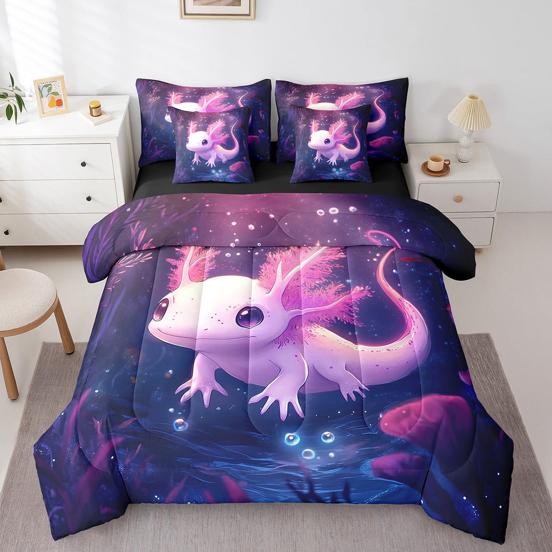 Pink Kawaii Axolotl Bedding Set,Cute Cartoon Axolotl Twin Comforter Set 7 Piece Coral Reef Salamander Bed In A Bag Ocean Animal Salamander Bed Set