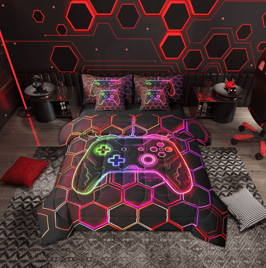 Erosebridal Gamer Bed in a Bag Twin size, Neon Gradient Gamepad Quilted Comforter, Pink Honeycomb Decor, Lightweight 7pcs