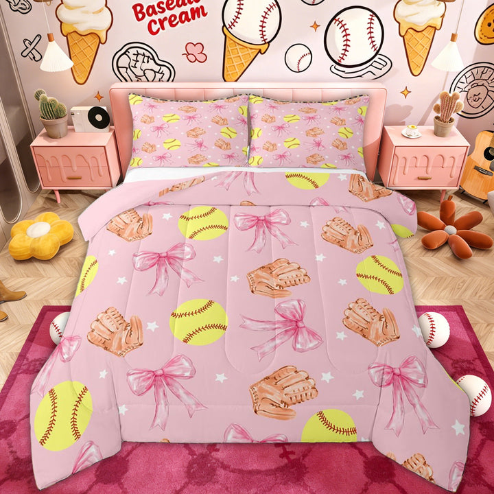 Erosebridal Softball Sports Kids Queen Comforter Set, Pink Watercolor Bow Bedding Comforter Set, 3 Pieces