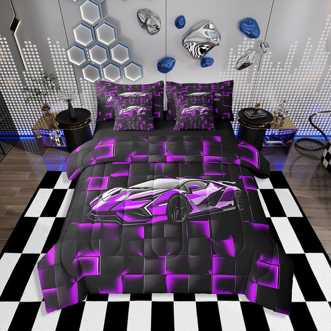 Erosebridal Purple Racing Car Bedding Twin Size, Neon Geometric Bedding Sets Twin Size, Speed Sports Decor, Reversible 7pcs
