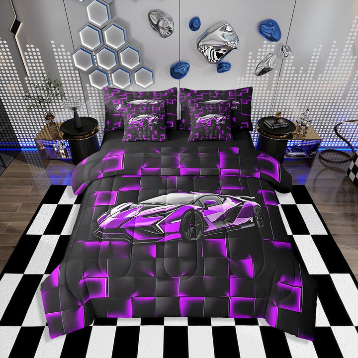 Erosebridal Purple Racing Car Bedding Twin Size, Neon Geometric Bedding Sets Twin Size, Speed Sports Decor, Reversible 7pcs