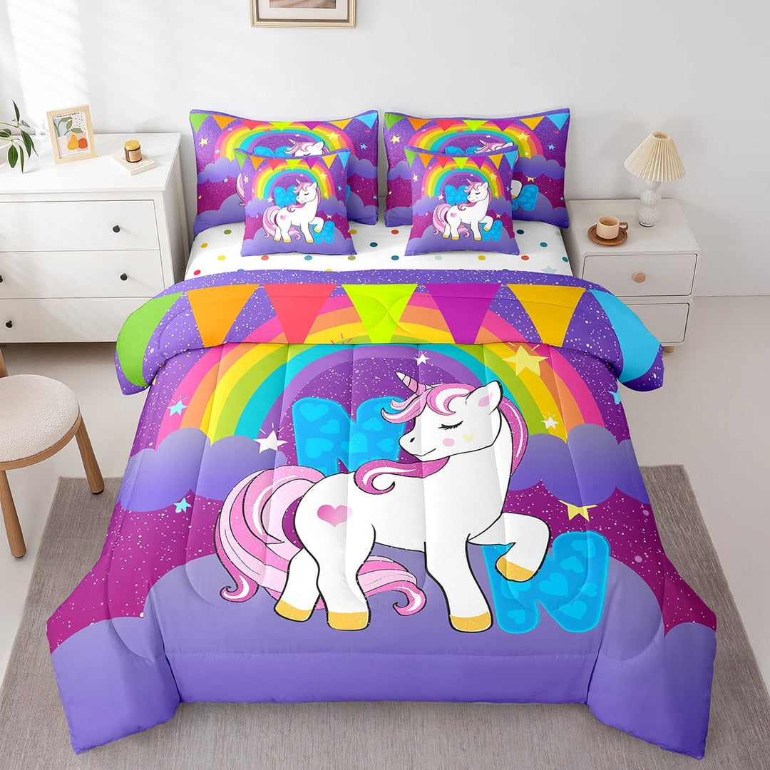 Erosebridal Blue N Bedding Sets Twin Size, Dreamy Unicorn Animal Comforter Sets with Sheets, Initial Letter Reversible Bedding Twin Size, Lightweight Room Decorative, 7-Piece