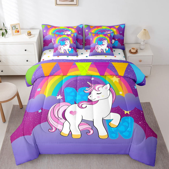 Erosebridal Blue N Bedding Sets Twin Size, Dreamy Unicorn Animal Comforter Sets with Sheets, Initial Letter Reversible Bedding Twin Size, Lightweight Room Decorative, 7-Piece