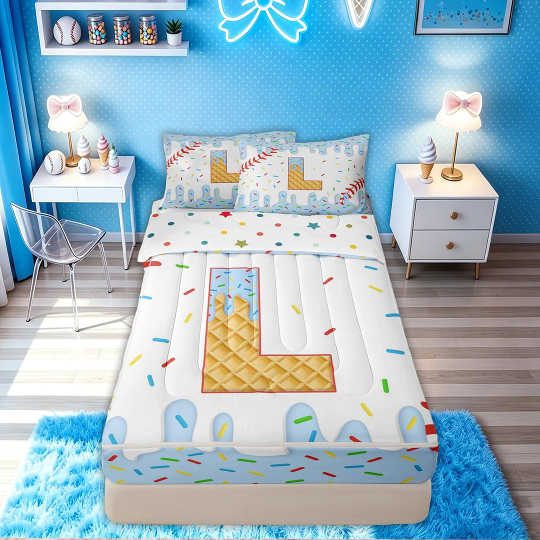 meiyoeat Kawaii Ice Cream Baseball Zipper Twin Comforter Sets with Fitted Sheet and 2 Pillowcases for Kids Girls Boys, Cute Blue Donut L Letter Zipper Bedding Set, Polkadot Reversible, 4 Pieces