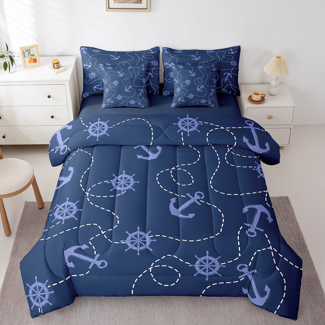Erosebridal Nautical Anchor Bedding Sets Twin Size, Sailboat Comforter Sets with Sheets Adults, Sea Theme Decor, 7pcs