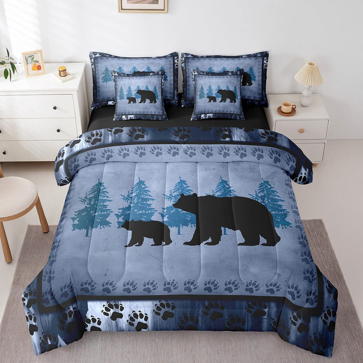 Erosebridal Bear Comforter Set With Sheets7 piece Farmhouse Animal Bed in a Bag Rustic Bear Family Bedding Set Bear Paws Blue Bed Set with Comforter,Sheets,PillowcasesQueen Size