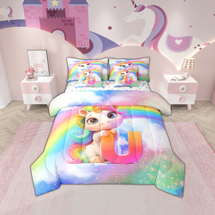 Erosebridal Cartoon Unicorn Bedding Sets Twin Size, Initial U Letter Comforter Sets with Sheets, Bling Rainbow Reversible Bedding Twin Size, Lightweight Room Decorative, 7pcs