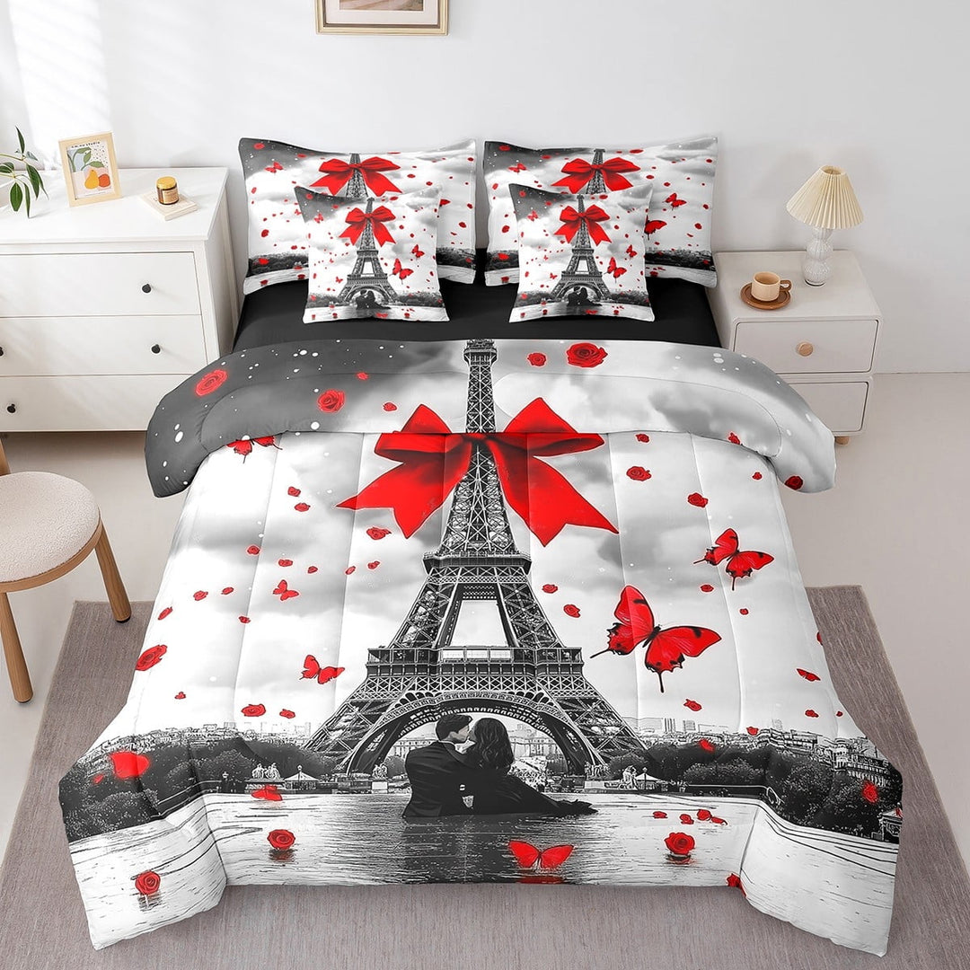 Eiffel Tower Comforter Set Twin,Red Butterfly Bowknot Bedding Set for Couple,Romantic Valentine&