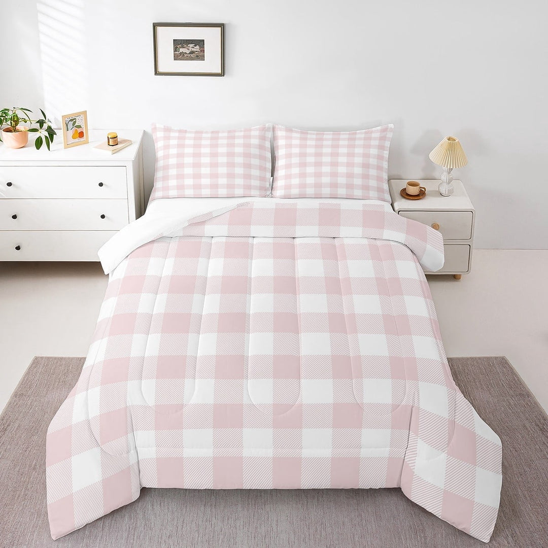Erosebridal Geometric Plaid Bedding Twin Comforter Set,Pink White Down Comforter,Buffalo Grid Bedding Sets Twin with Comforter,Lightweight Abstract Room Decor,3pcs