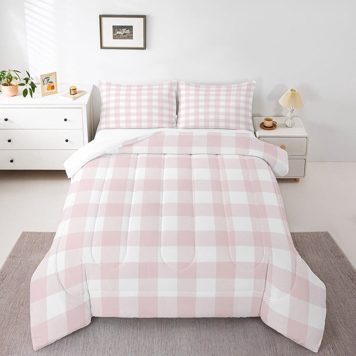 Erosebridal Geometric Plaid Bedding Twin Comforter Set,Pink White Down Comforter,Buffalo Grid Bedding Sets Twin with Comforter,Lightweight Abstract Room Decor,3pcs