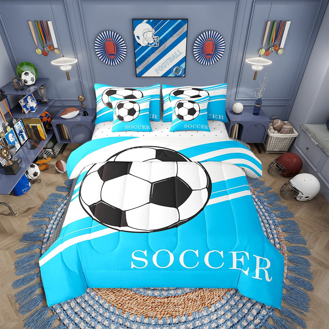 Erosebridal Soccer Comforter Set Twin 7 Pcs Football Teal White Black Geometric Stripes Bedding Set Soccer Ball Game Sports Theme Bed in a Bag with Comforter,Sheets