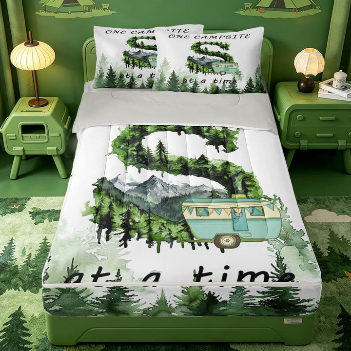meiyoeat Boys Personalized Camper Initial S Gifts Zipper Twin Comforter Sets with Fitted Sheet and 2 Pillowcases For Boys,Happy Camping Theme Zipper Bedding Set,Light Gray Reversible,4-Piece