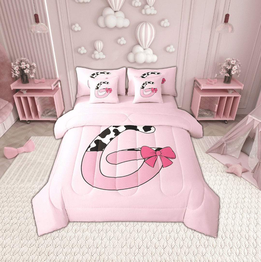 Erosebridal Monogrammed Letter Bedding Sets Twin Size,Cattle Print Comforter Sets with Sheets,Super Cozy Reversible Bed in a Bag Twin size,Pink Bow Tie Decoration,7pcs