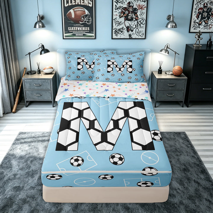 meiyoeat Soccer Letter M Zipper Full Size Comforter Sets with Fitted Sheet and 2 Pillowcases for Boys, Ball Field Zipper Bedding Set, Blue, Colorful Stars Reversible, 4 Pieces