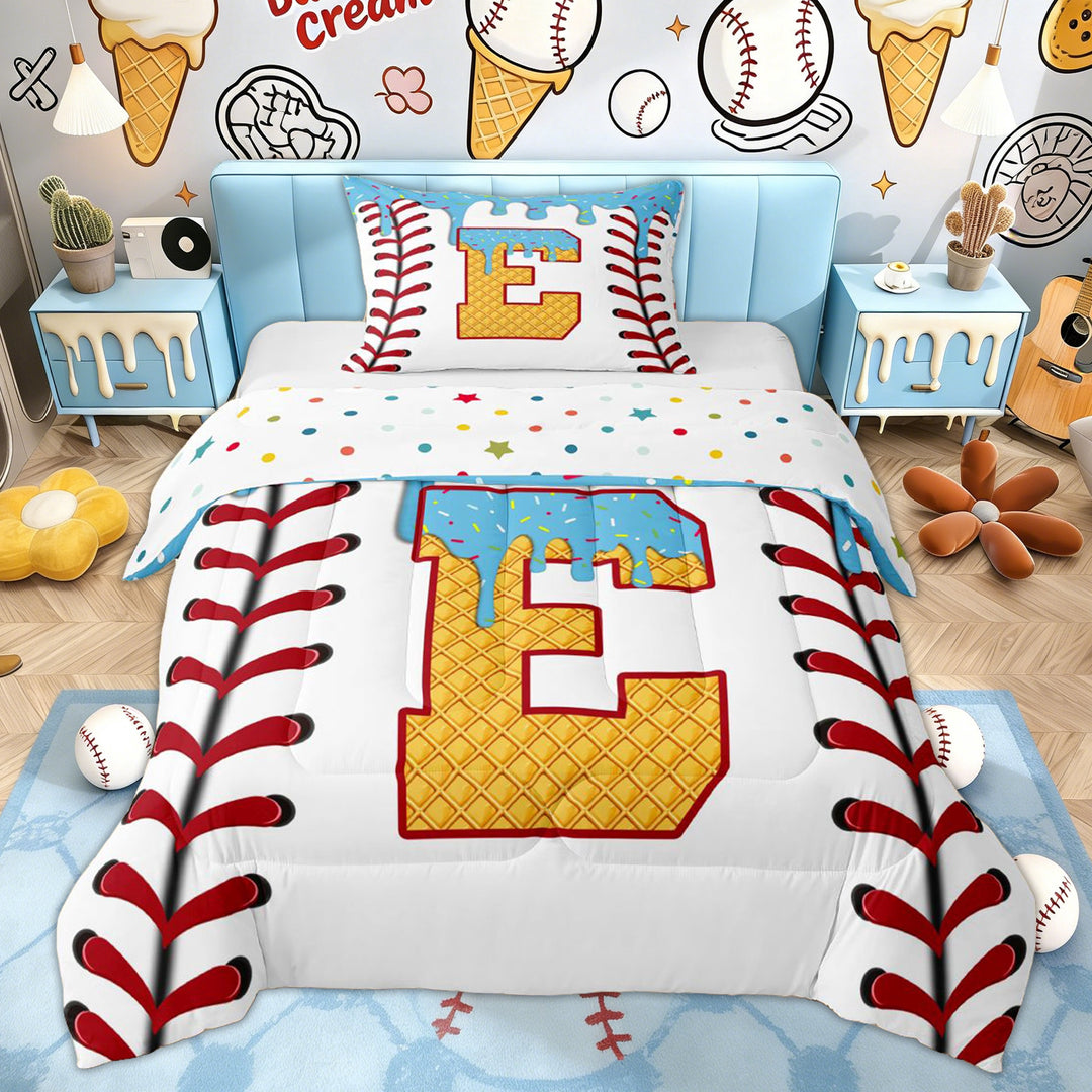 Erosebridal Kid Initial E Letter Twin Comforter Sets, Blue Ice Cream Baseball Bedding Set, 2-Piece