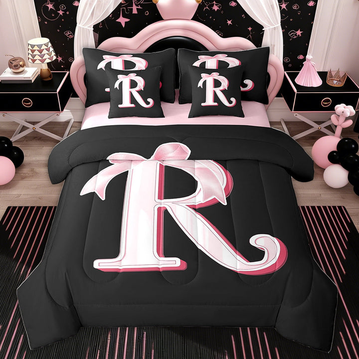 Erosebridal Girls Initial R Letter Bed in a Bag Twin size, Princess Bow Bed Set, Pink Monogrammed Reversible Bedding Twin Size, 7-Piece