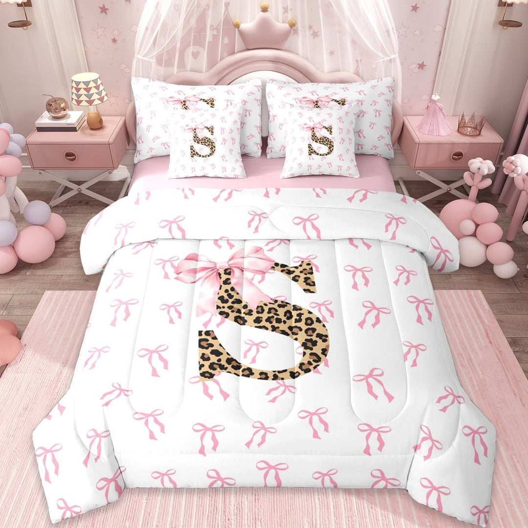 Erosebridal Girls Letter S Bow 7-Piece Twin Bedding Sets,Cute Bows Chic Cheetah Print Bedding Comforter Set For Girls Teens,Reversible