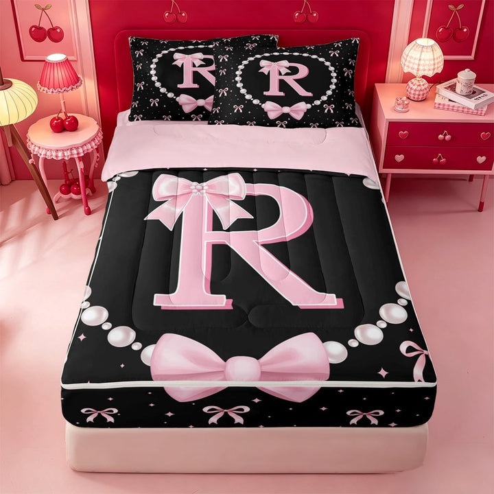 meiyoeat Fashion Women Pearl Necklace Zipper Twin Comforter Sets with Fitted Sheet and 2 Pillowcases,Girly Bow Monogrammed R Zipper Bedding Set For Kids,Pink Reversible,4-Piece