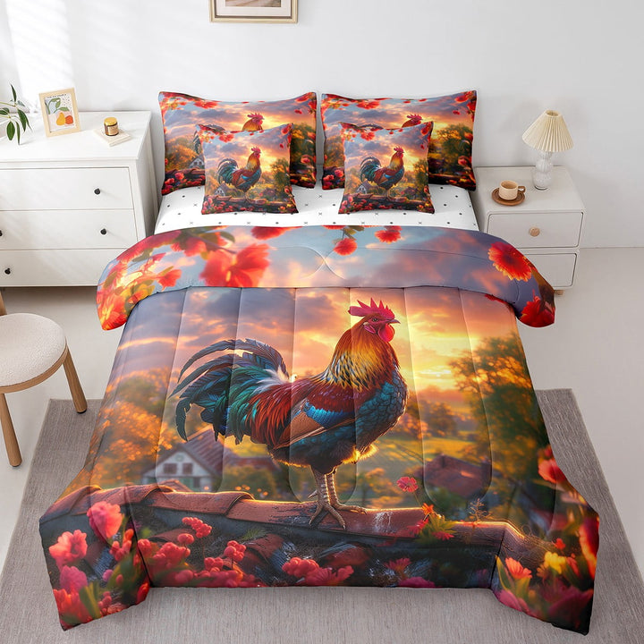 YST 7 Piece Rooster Bed In A Bag Twin,3D Chicken Comforter Set,Retro Farmhouse Animal Floral Bedding Sets,Rustic Vintage Countryside Quilt with Flat Fitted Sheet,Pillow Covers Bedroom Decor