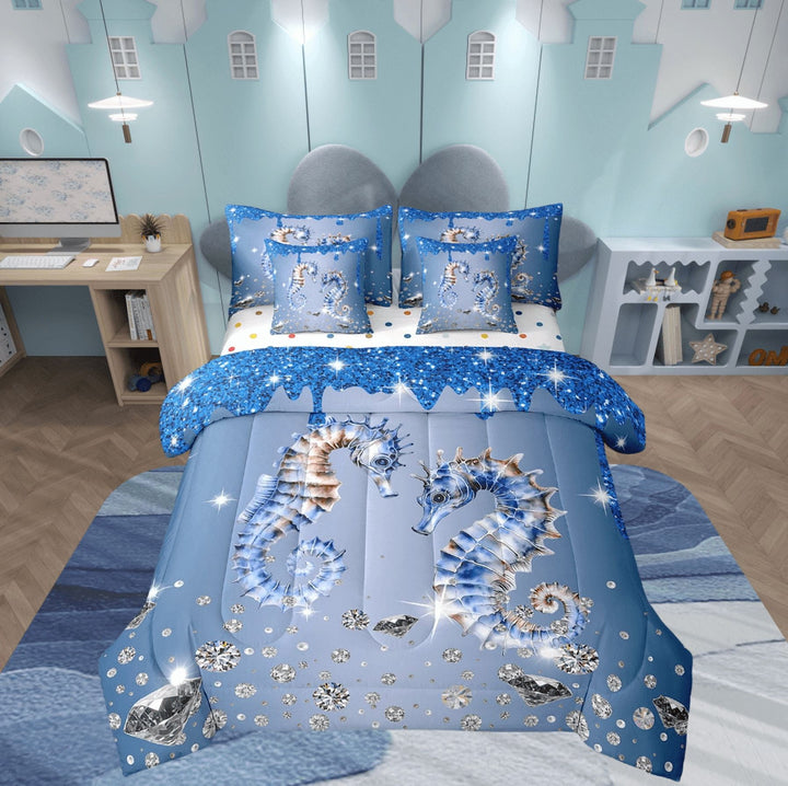 Seahorse Comforter Set 7 Piece Bed in a Bag Twin,Blue Sequin Fluid Art Comforter and Sheet Set,Crystal Diamond Bedding Set,Nautical Sea Animal Bed Set Coastal Creature Ocean Decor