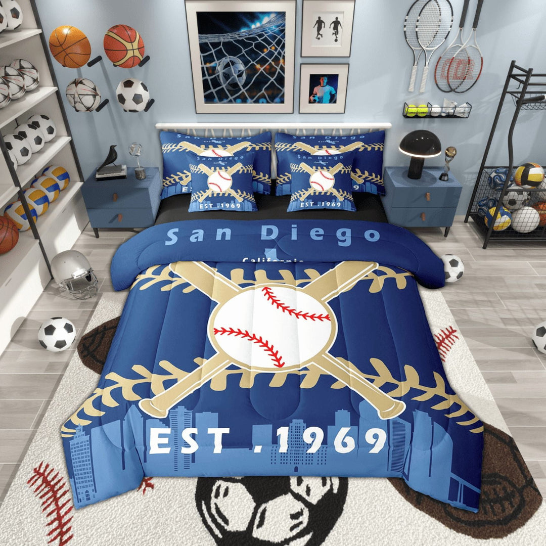 Erosebridal 7 Pcs Comforter Set Twin Size,Baseball Fans Bed in a Bag with Flat Sheet and Fitted Sheet and Adults,Sports Bedding Set with Pillowcase and Sham(San Diego)
