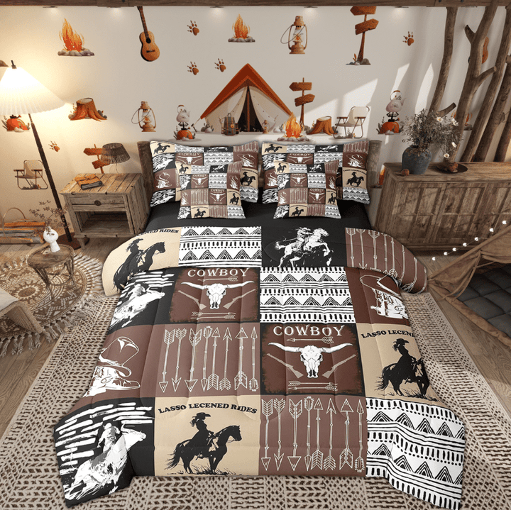 Country Western Bedding Sets Tribe Geometry Aztec Bed in a Bag King Size Comforter Set 7 Pieces,Cowboy Horse Sheet Set with Comforter,Gothic Bull Skull Cowgirl Southwestern Decor,Black Brown