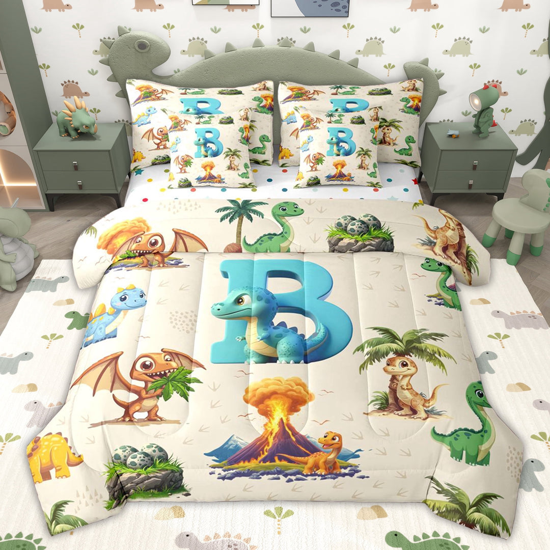 Erosebridal Jungle Dinosaur Twin Bedding Sets, Blue Initial B Letter Bedding Comforter Set for Kids Girls Boys, Polka Dots Reversible, 7pcs