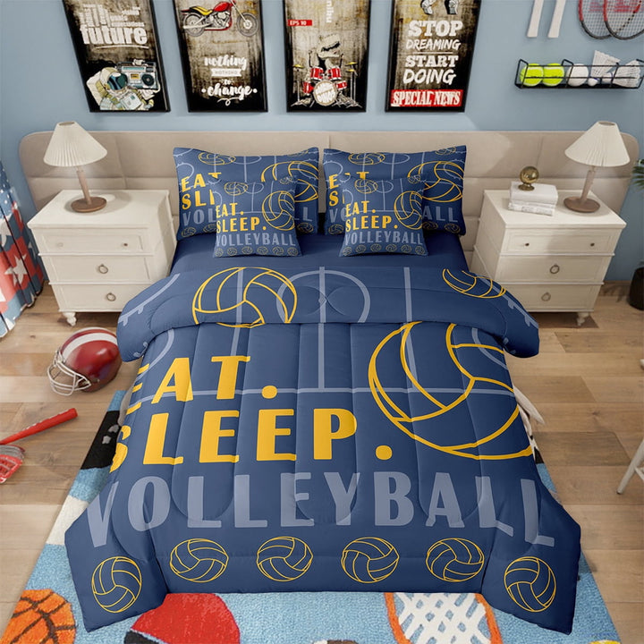 Volleyball Bed in a Bag Full Sport Game Ball Theme Comforter Set with Sheets Volleyball Room Decor Bed Set Sports Bedding Sets Teen Sports Sheets 7 Pcs Navy Blue Yellow