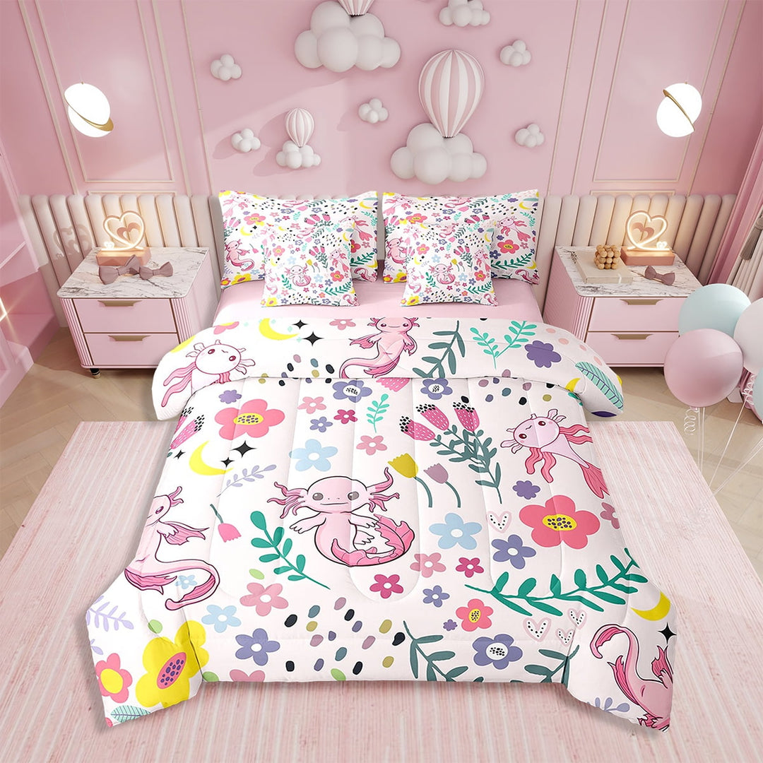7 Piece Bed in a Bag Twin Size Comforter Set Floral Axolotl Bedding Set,Cute Coral Animal Reversible Design,Soft Microfiber Comforter with Sheet Set,All Season(Pink,Twin)