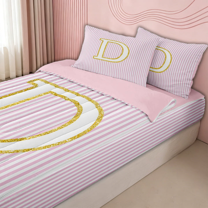 meiyoeat Preppy Letter D Zipper Full Size Comforter Sets with Fitted Sheet and 2 Pillowcases for Kids Girls Women, Gold Glitter Zipper Bedding Set for Bedroom, Pink ReversibleG