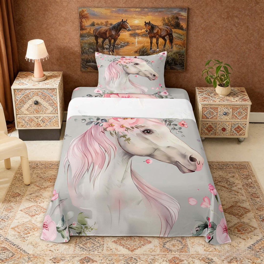 Erosebridal Chic White Horse Twin Sheet Sets for Kids Girls, Pink Floral Flower Bedding, 3pcs (1 Flat Sheet, 1 Fitted Sheet and 1 Pillowcase)