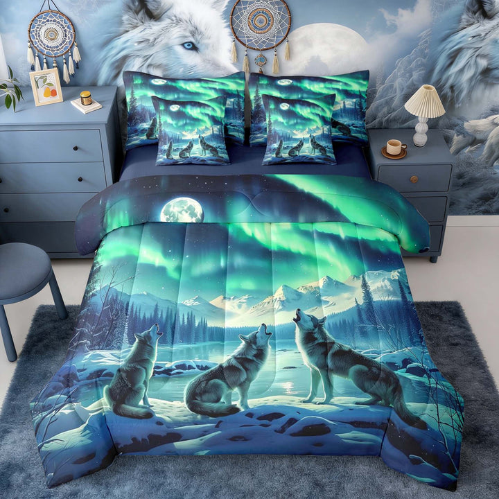 Erosebridal Three Wolves Howling at Moon Aurora Print Twin Bedding Sets, Icy Lake Bedding Comforter Set for Men and Women, Navy Reversible 7 Pieces