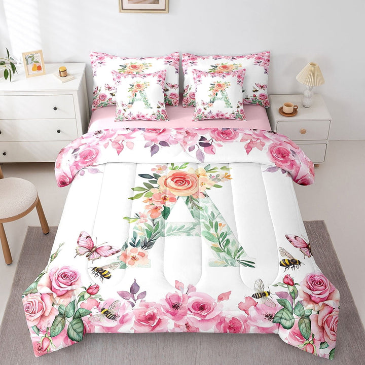 7 Piece Bed in a Bag Twin Size Comforter Set Floral A-Z Bedding Set,Initial Letter Reversible Bed Set,Monogrammed Comforter with Sheet Set,All Season