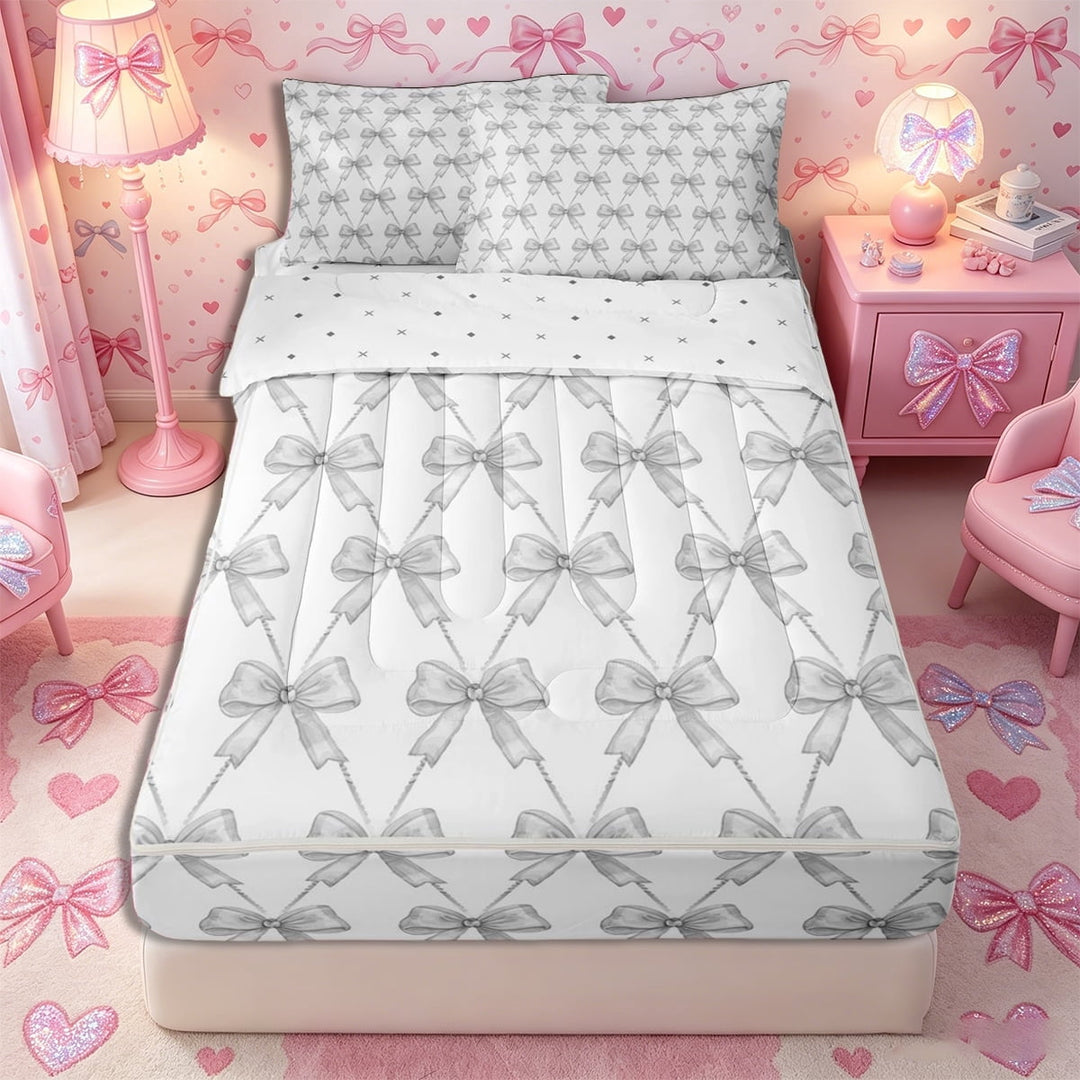 Meiyoeat Gray Bow Pattern Zipper Twin Comforter Sets with Fitted Sheet and 2 Pillowcases, Geometric Plaid Zipper Bedding Set,4-Piece