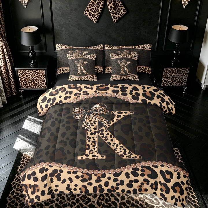 meiyoeat Fashion Leopard K Letter Full Size Bedding Sets for Women Girls, Cheetah Print Bow Full Size Bed in a Bag, Brown Black, Black Reversible, 7pcs