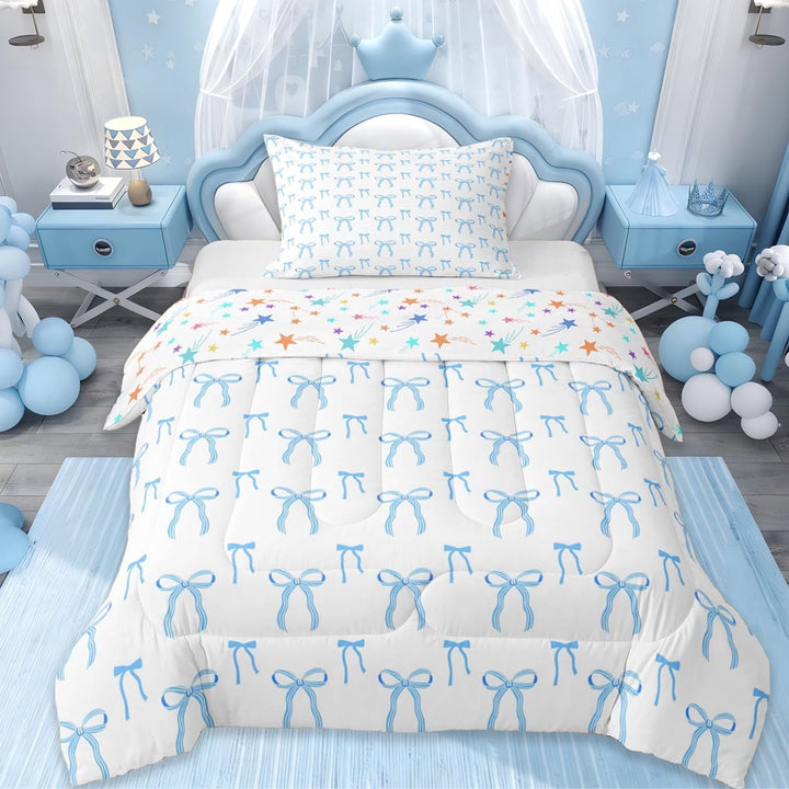 Erosebridal Cute Coquette Bowknot Twin Comforter Sets,Cartoon Cute Bowtie Bedding Set For Girls Kids,White Blue, Reversible 2 Pieces