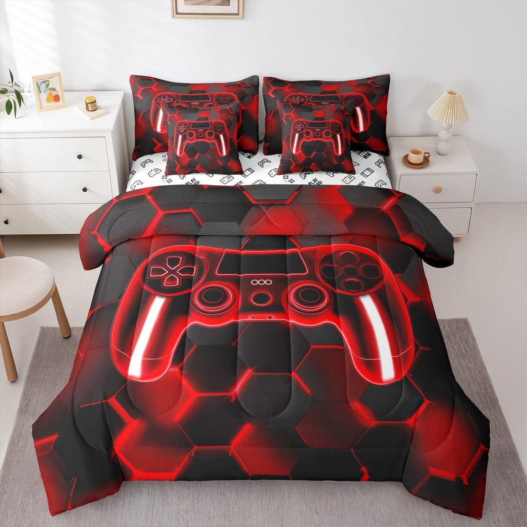 Erosebridal Gaming Gamepad Bed in a Bag Queen size, Neon Red Bed Set, Modern Video Game Reversible Bedding Queen Size, Breathable Room Decoration, 7pcs