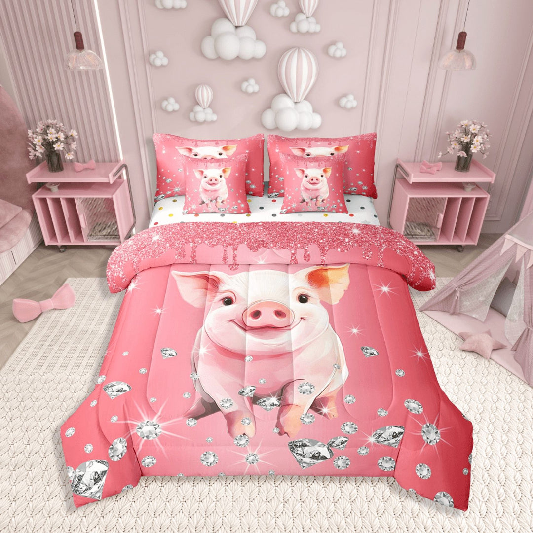 Erosebridal Kawaii Pig Bedding Sets Twin Size,Bling Crystal Comforter Sets With Sheets,Glitter Bedroom Decor,Reversible,Breathable,7Pcs