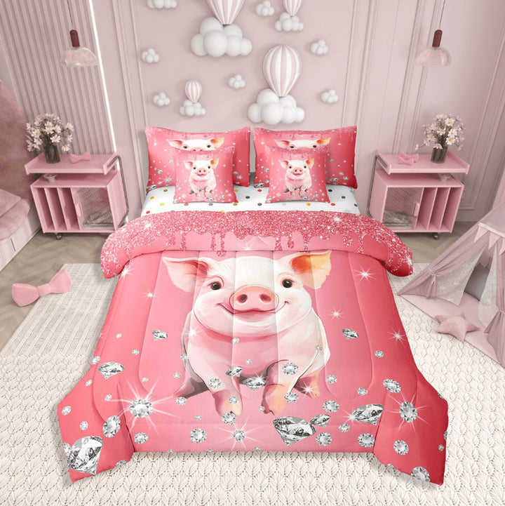 Erosebridal Kawaii Pig Bedding Sets Twin Size,Bling Crystal Comforter Sets With Sheets,Glitter Bedroom Decor,Reversible,Breathable,7Pcs