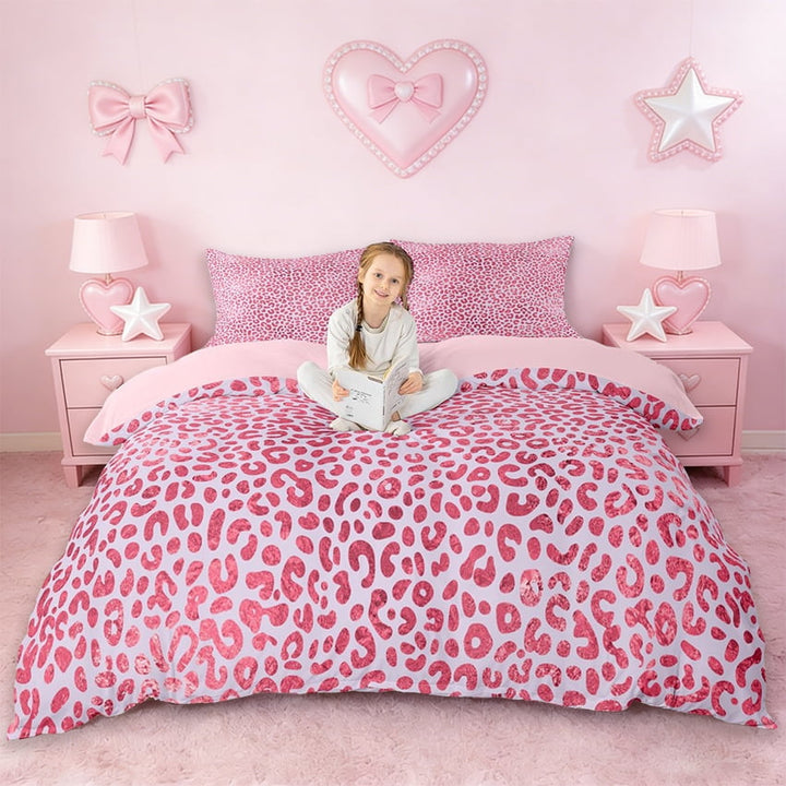 Erosebridal Pink Leopard Print Girls Duvet Cover Set,Chic Cheetah Pattern Bedding Full For Women Adults,Reversible Pink,3pcs(No Comforter)