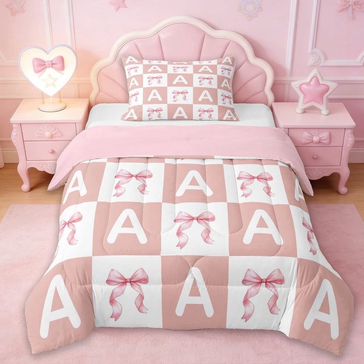 Erosebridal Cute Coquette Bowknot Twin Comforter Sets,Girls Pink A Alphabet Bedding Set For Bow Lovers,Reversible pink,2pcs