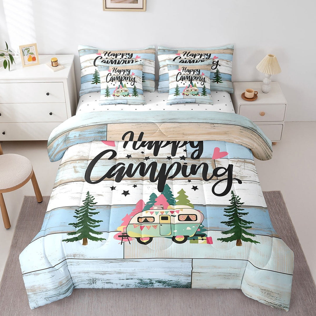 Erosebridal Cartoon Car Bedding Sets Twin Size,Happy Camping Comforter Sets with Sheets,Lodge Cabin Bed in a Bag Twin size,Breathable Boys Bedroom Decor,Reversible,7pcs