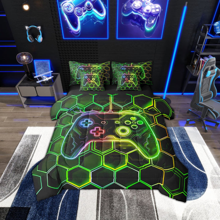 Erosebridal Gaming Bedding Sets Twin Size Teens, Geometric Hexagon Bed Sheets Set, Game Room Decor, Ultra Soft 7 Pieces