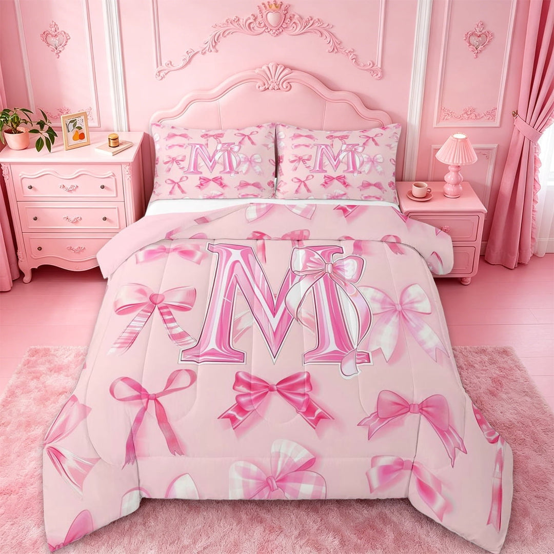 Manfei Coquette Pink Bow Full Size Comforter Sets For Girl,3D Cartoon Letter C Monogrammed Bedding Sets,Pink Reversible,3pcs