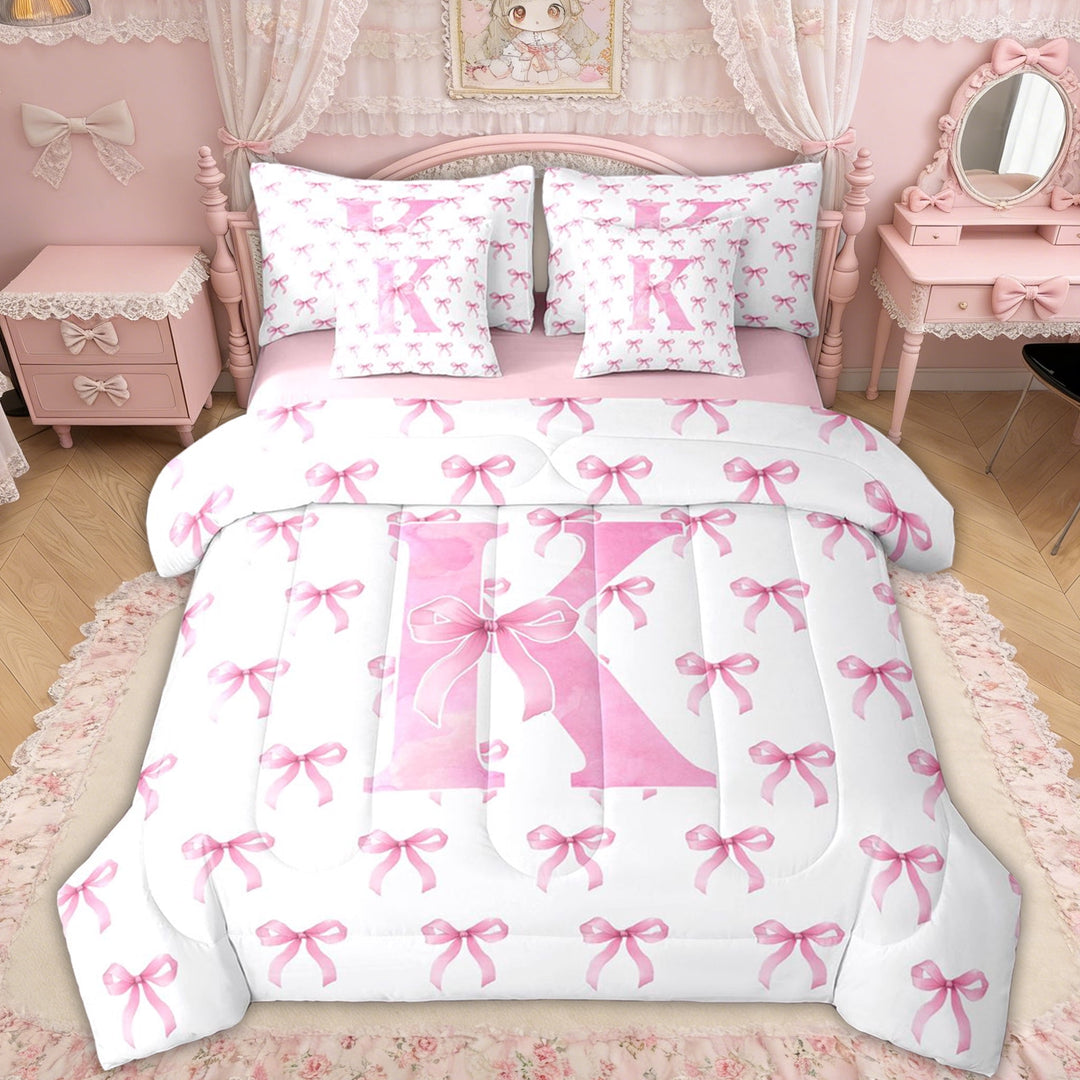 Erosebridal Pink Bow Letter K Twin Bedding Sets for Girls, Pink Letter Bow Bedding Comforter Set for Women, Pink Reversible, 7pcs