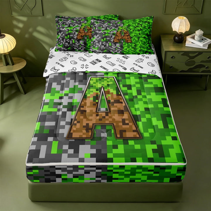 meiyoeat Classic Pixel Miner Games Zipper Twin Comforter Sets with Fitted Sheet and 2 Pillowcases For Boys,Monogram Letter A Zipper Bedding Set,Reversible,4-Piece